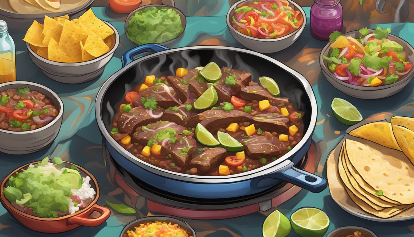 A sizzling skillet with reheated carne asada tacos, steam rising, and vibrant colors of fresh toppings