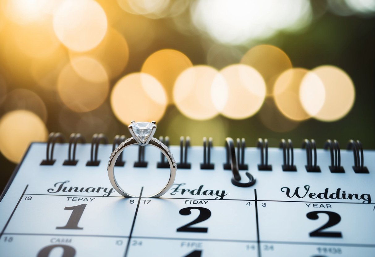A calendar with a ring on the engagement date and a wedding date marked within 1-2 years