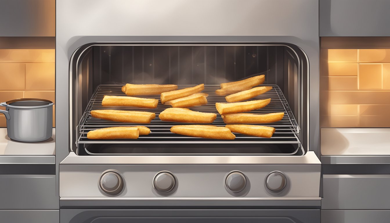 Cassava fries being reheated in an oven, with steam rising from the hot fries and a golden brown color on the edges