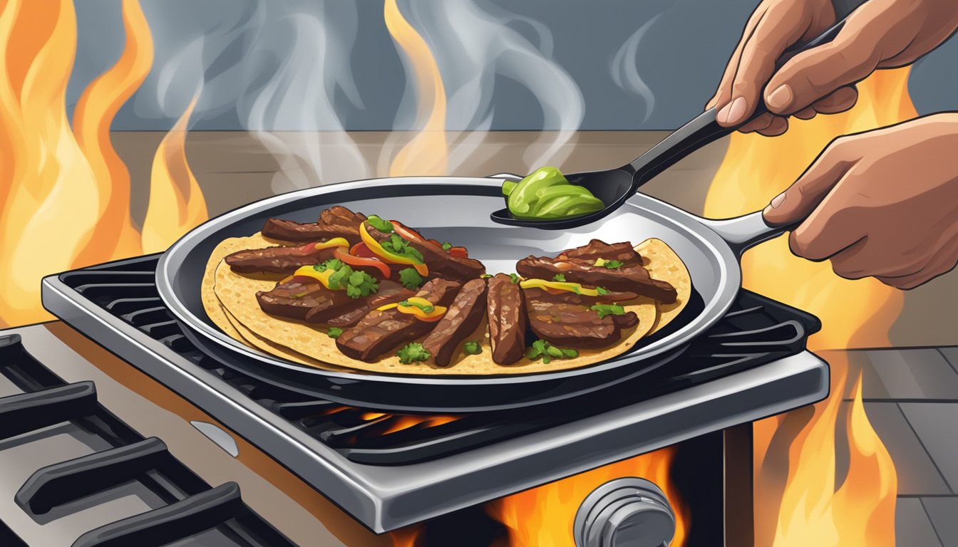 A plate of carne asada tacos being heated in a skillet over a stovetop flame