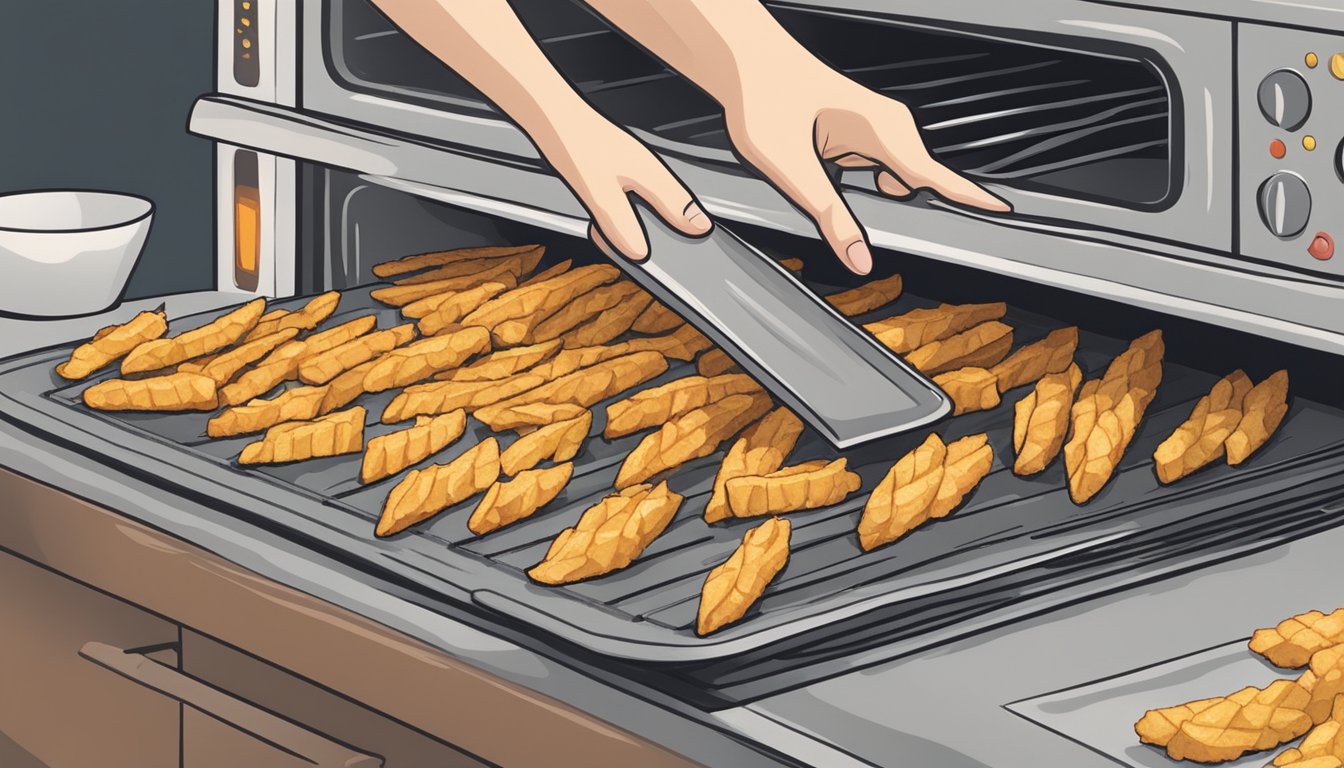 A person placing cassava fries on a baking sheet in the oven