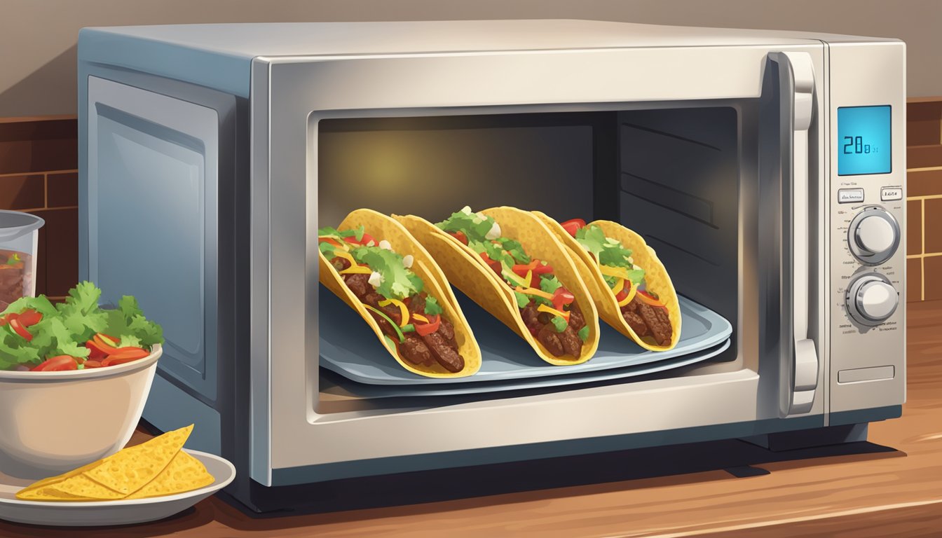 A plate of carne asada tacos being reheated in a microwave