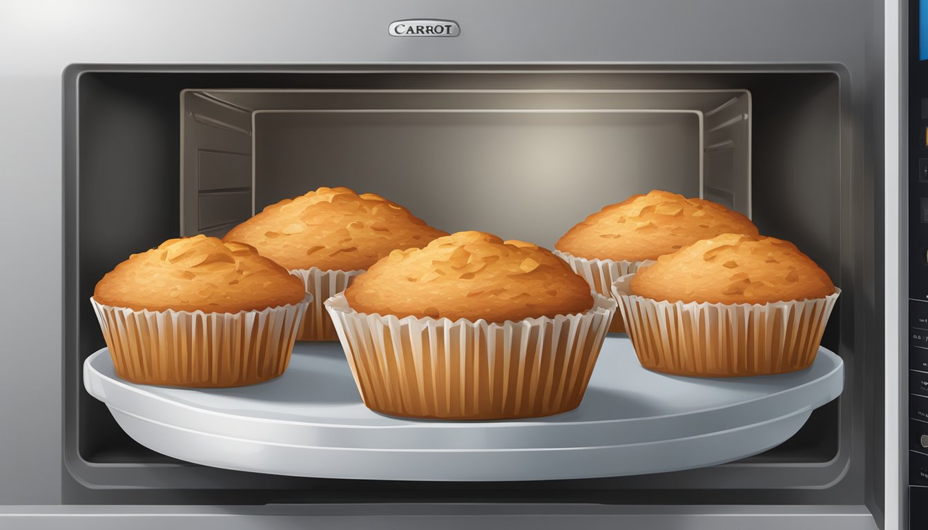 Carrot cake muffins on a plate, placed in a microwave with the door closed