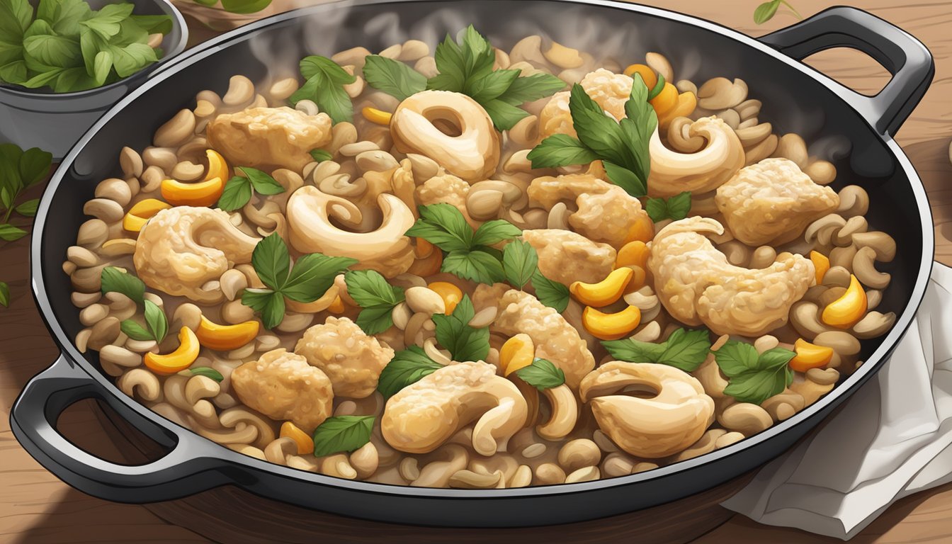 A steaming plate of cashew chicken being reheated in a sizzling skillet, with the aromas of the spices and herbs filling the air