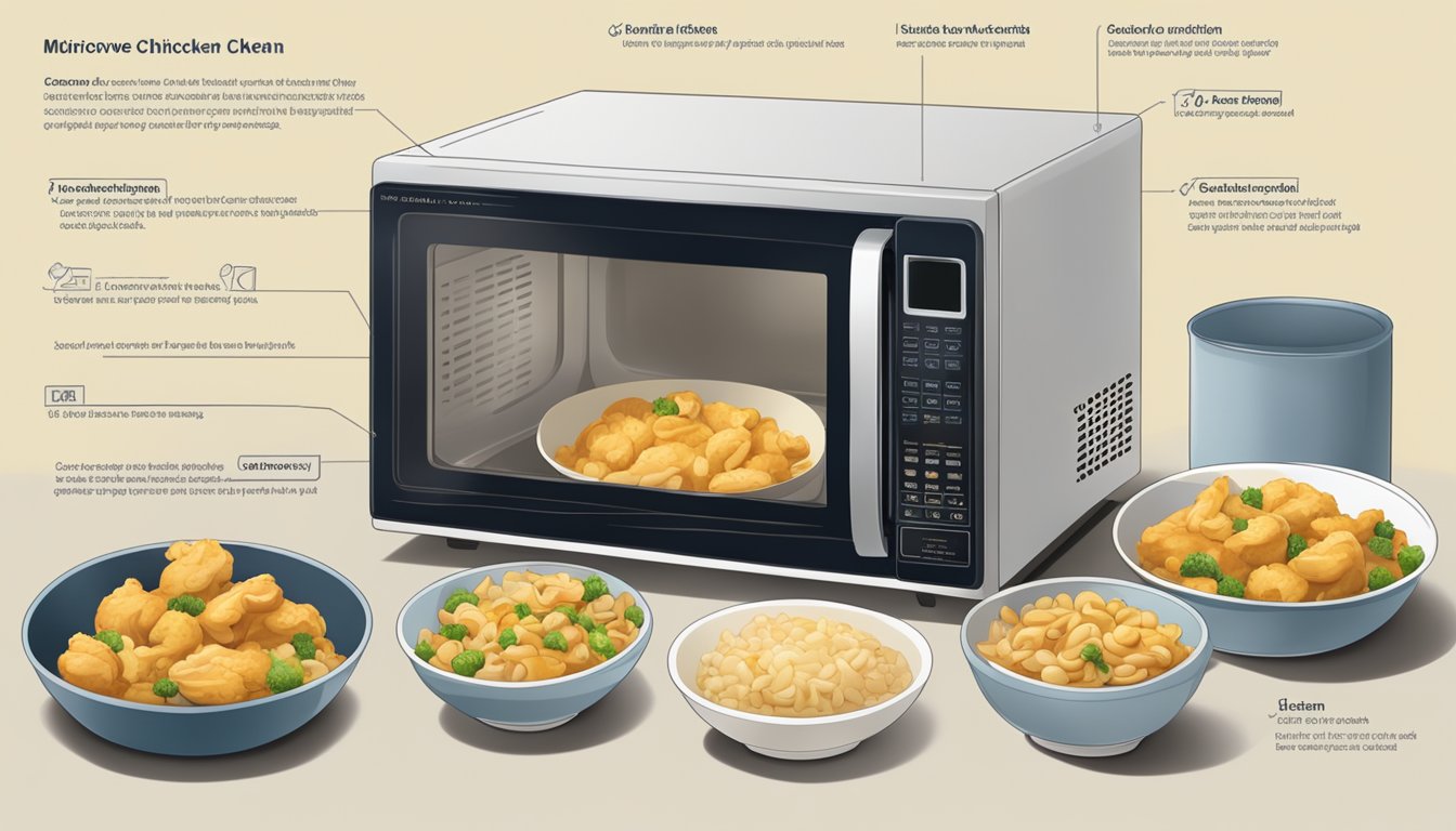 A microwave with a plate of cashew chicken inside, a steamy bowl, and a set of guidelines printed on a sheet of paper