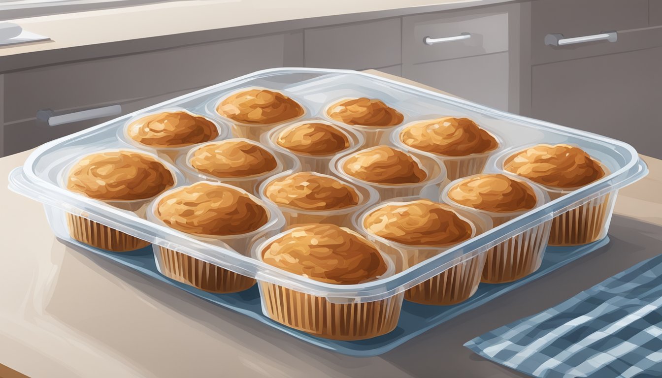 Carrot cake muffins wrapped in plastic wrap, stored in an airtight container on a kitchen counter