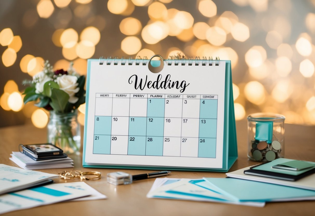 A calendar with the month of the wedding circled and various planning materials scattered around it