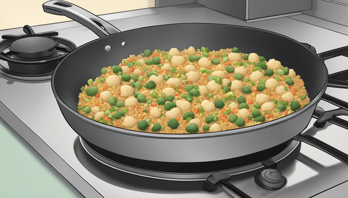 Cauliflower fried rice being reheated in a non-stick pan over a stove, with a lid covering the pan to ensure even heating and food safety