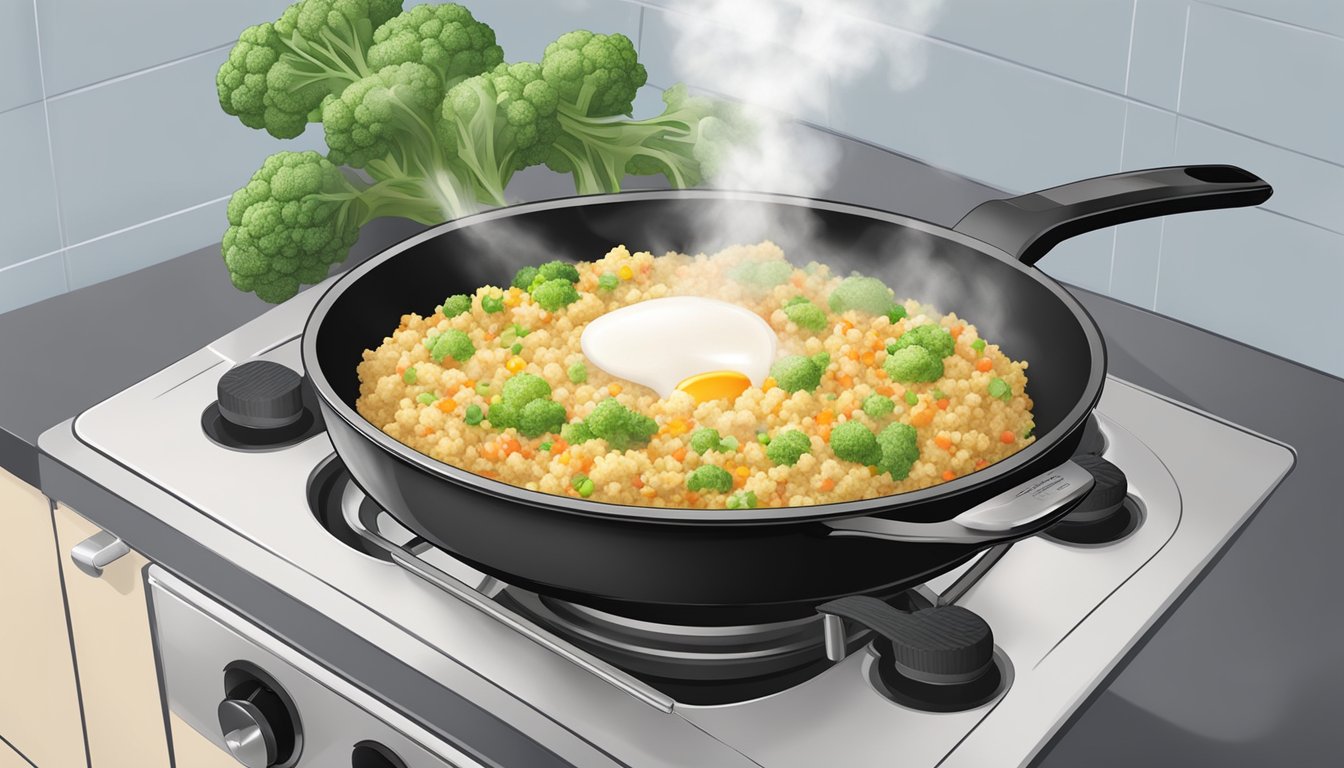 A steaming bowl of cauliflower fried rice being gently reheated in a non-stick skillet over a gas stove, with a fragrant aroma wafting through the kitchen