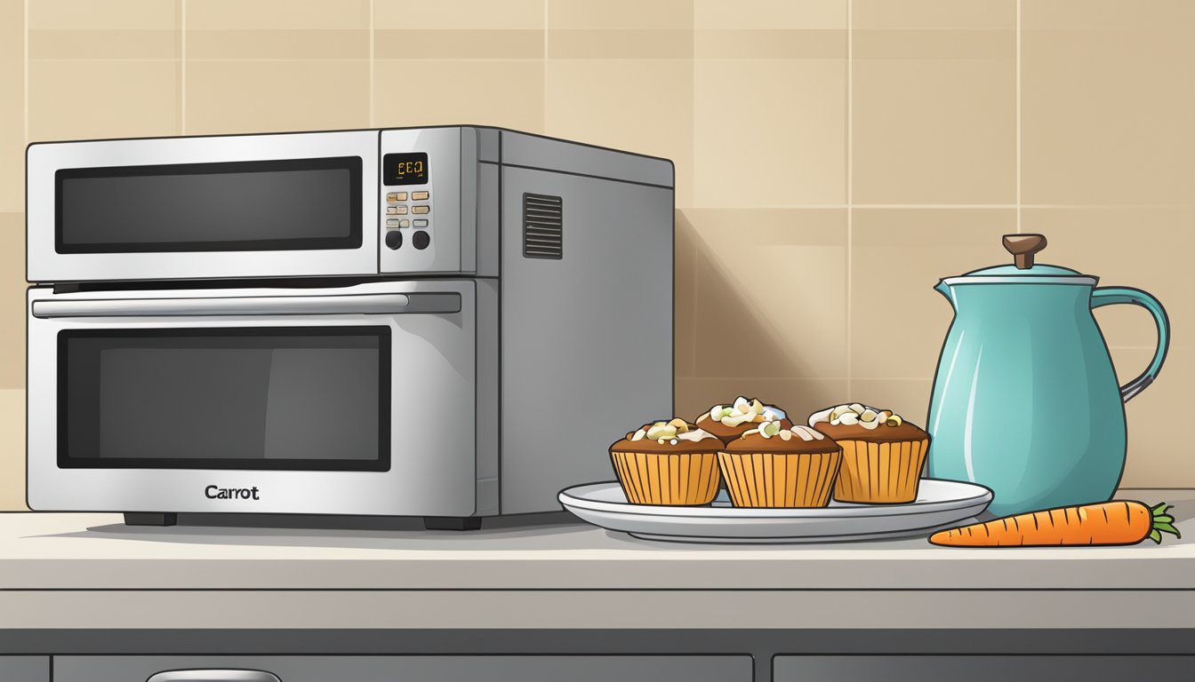 Carrot cake muffins on a plate, next to a microwave, oven, and toaster oven