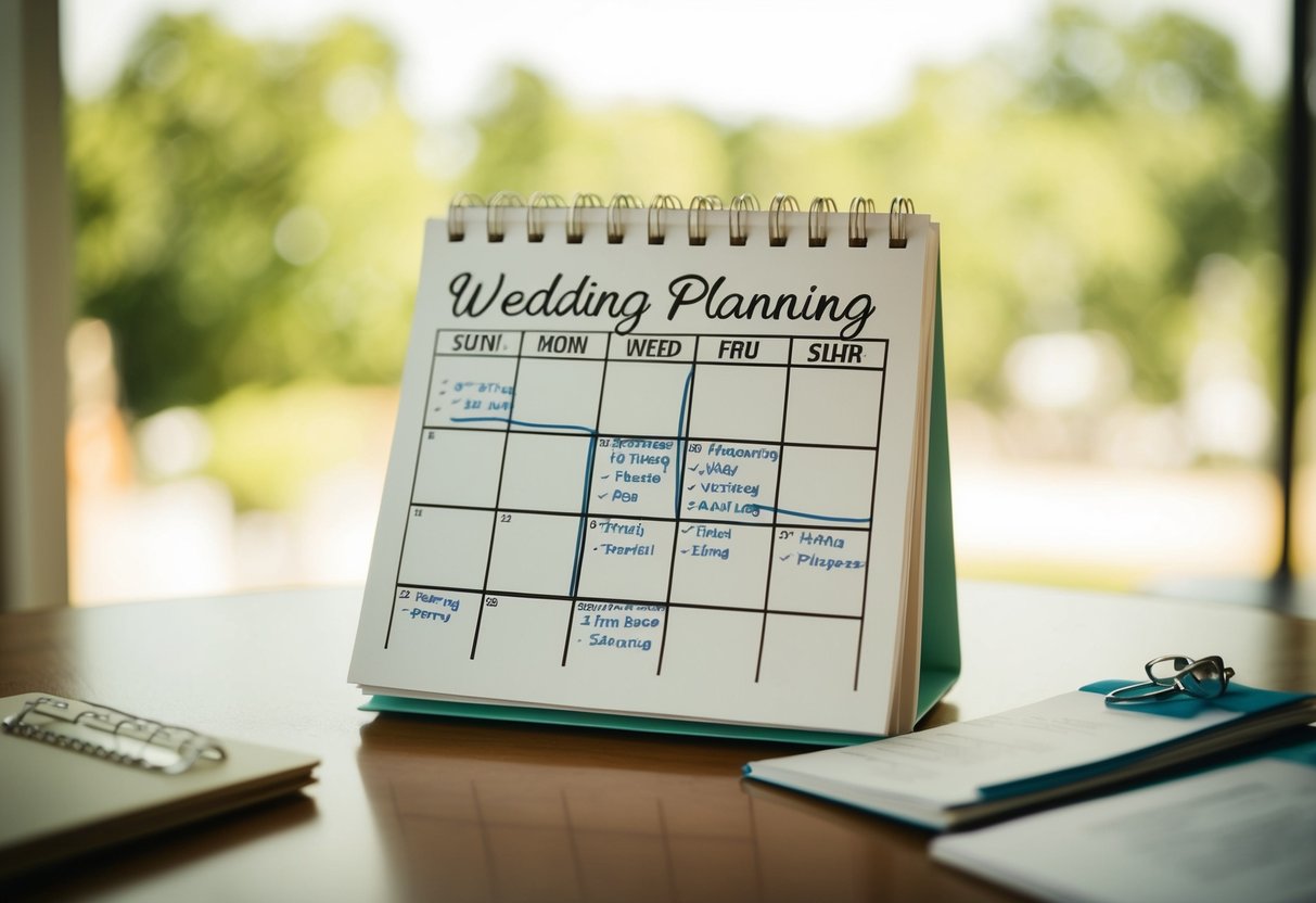 A calendar with wedding planning tasks marked off at lightning speed