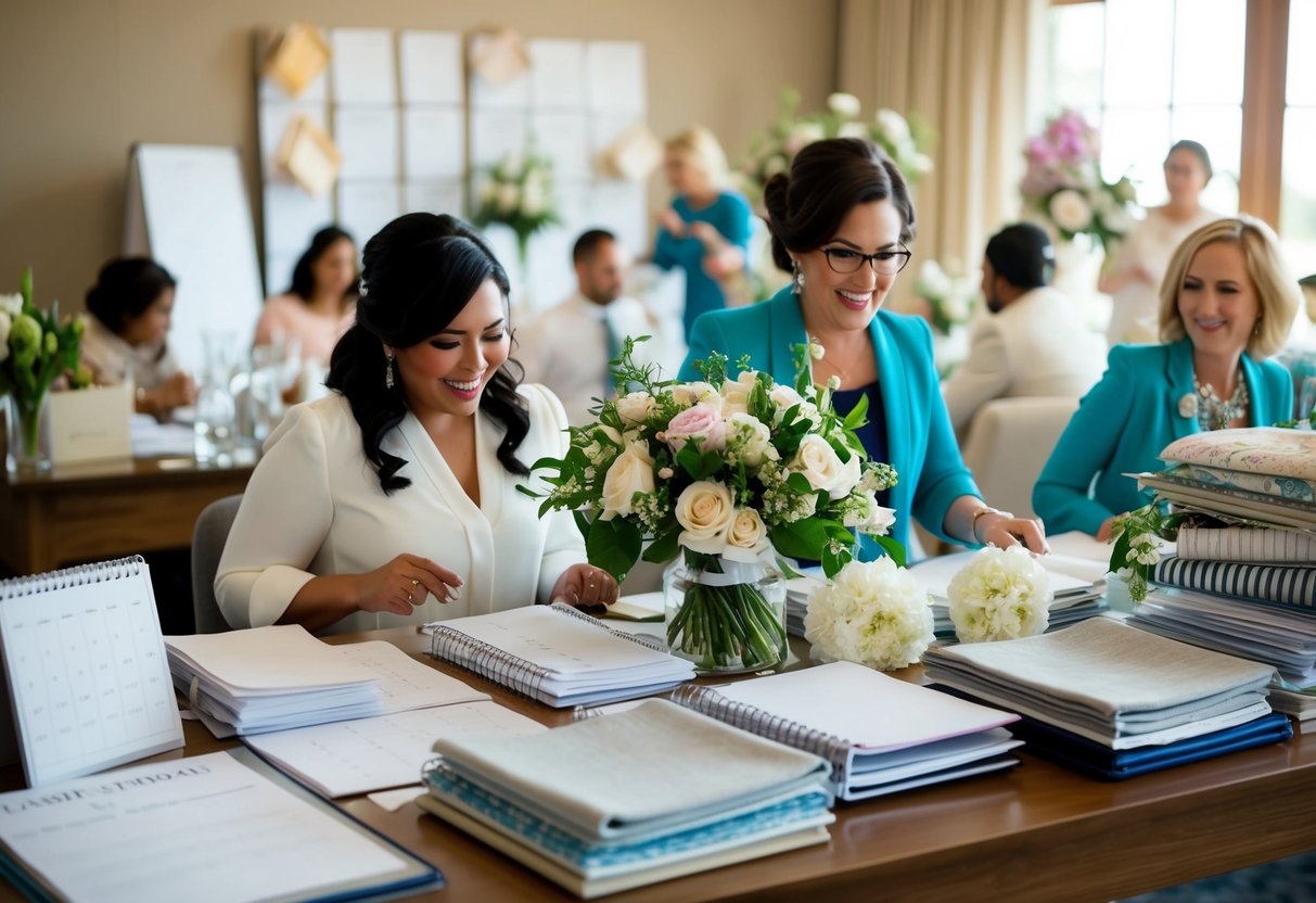 A bustling wedding planner's desk, filled with calendars, fabric swatches, and floral arrangements. A sense of urgency and excitement fills the air as preparations are underway