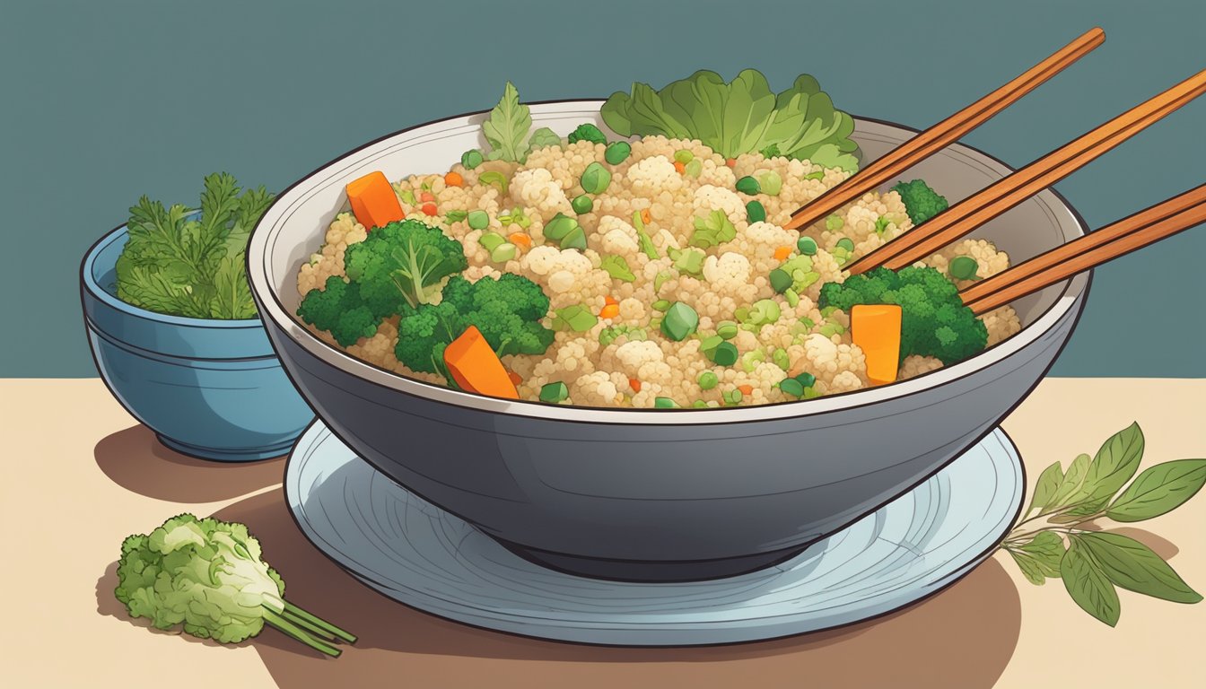 A steaming bowl of reheated cauliflower fried rice, surrounded by colorful vegetables and herbs, with a pair of chopsticks resting on the side