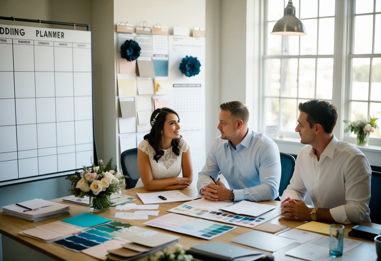 A bustling wedding planner's office with a calendar, mood boards, and fabric swatches scattered across the desk. A couple sits nervously, discussing their timeline