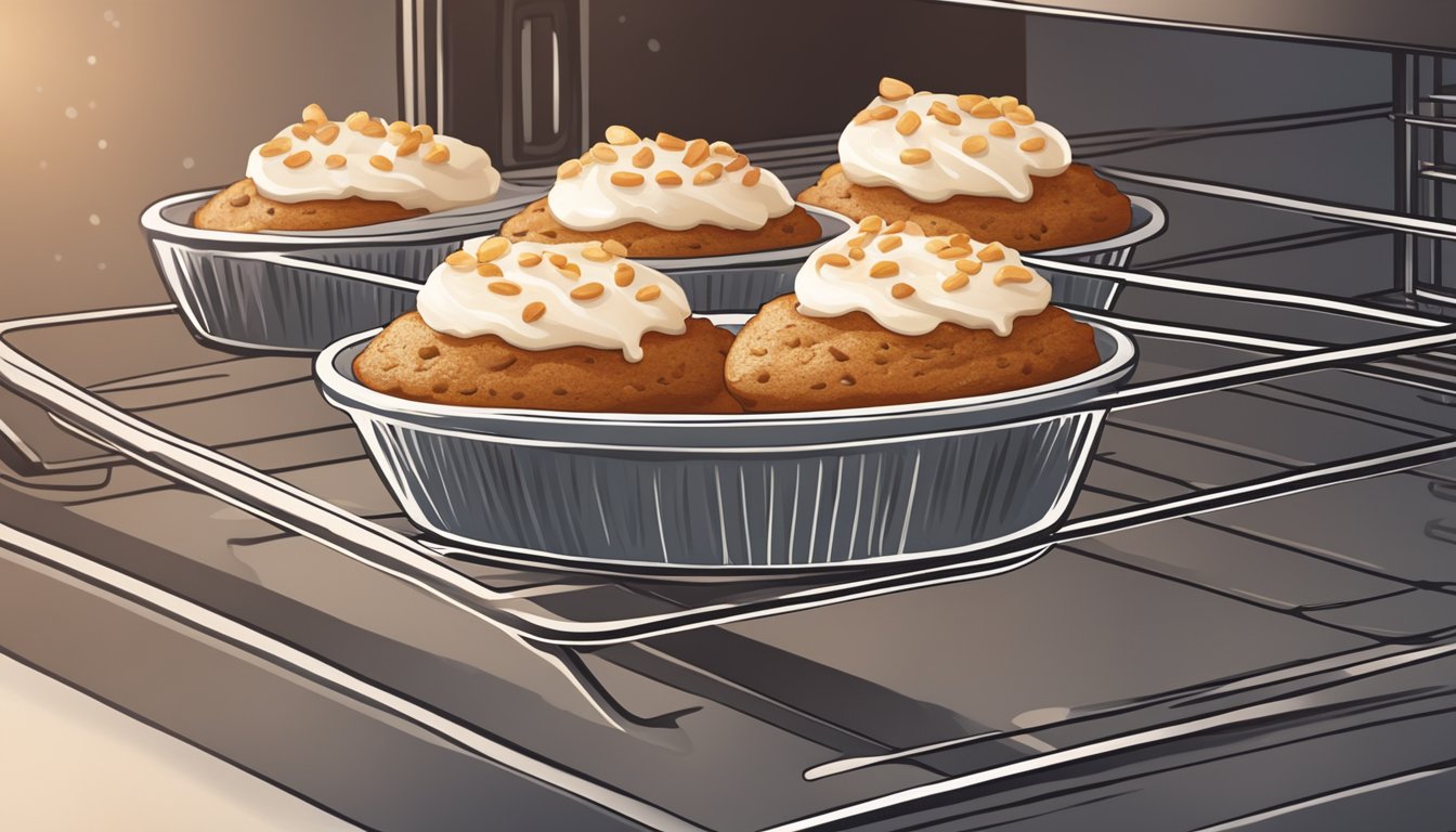 A plate of carrot cake muffins being warmed in the oven, with a sprinkle of cinnamon and a dollop of cream cheese frosting on top