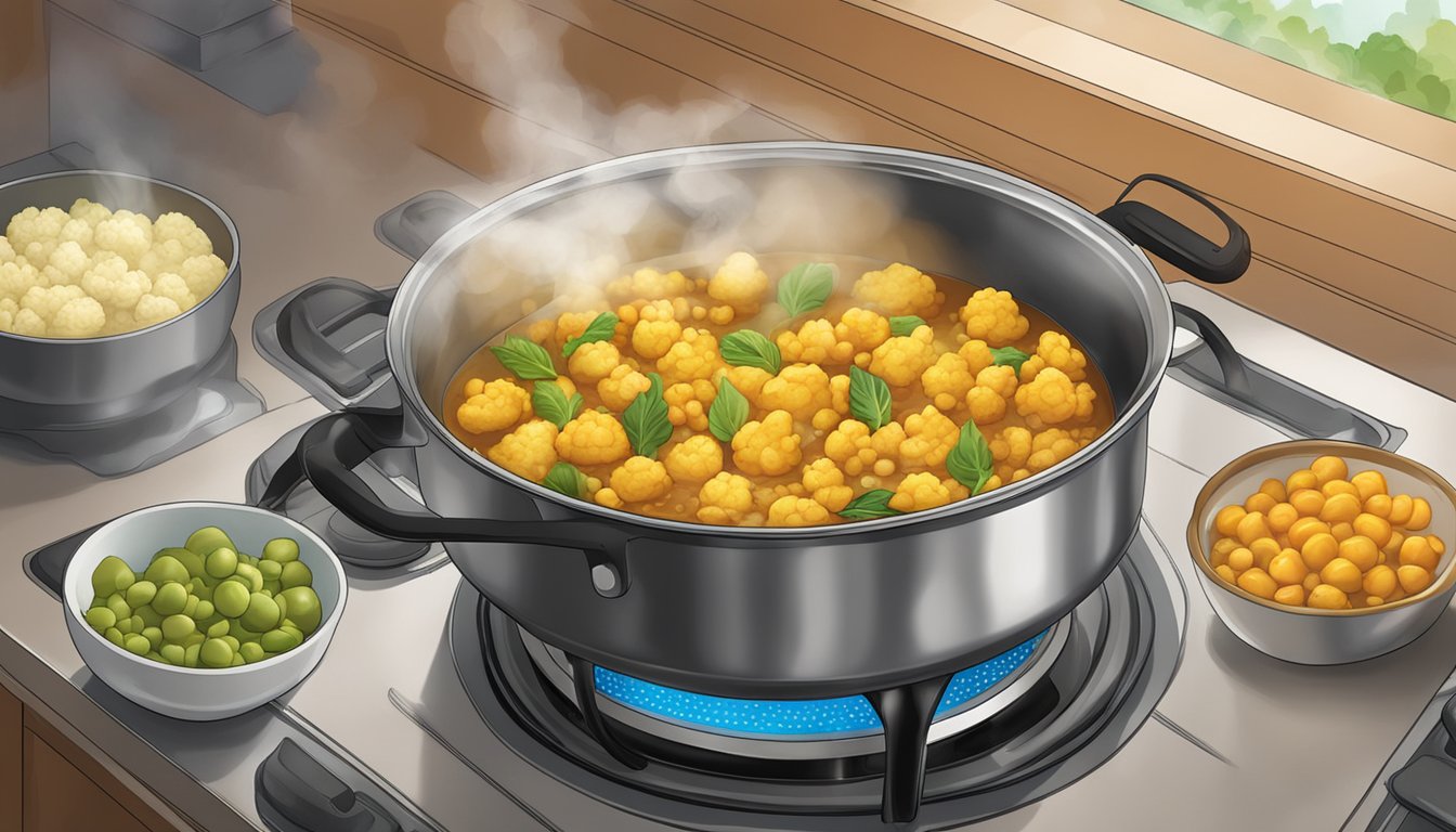 A pot of cauliflower and chickpea curry simmering on a stovetop, steam rising as the vegetables gently reheat