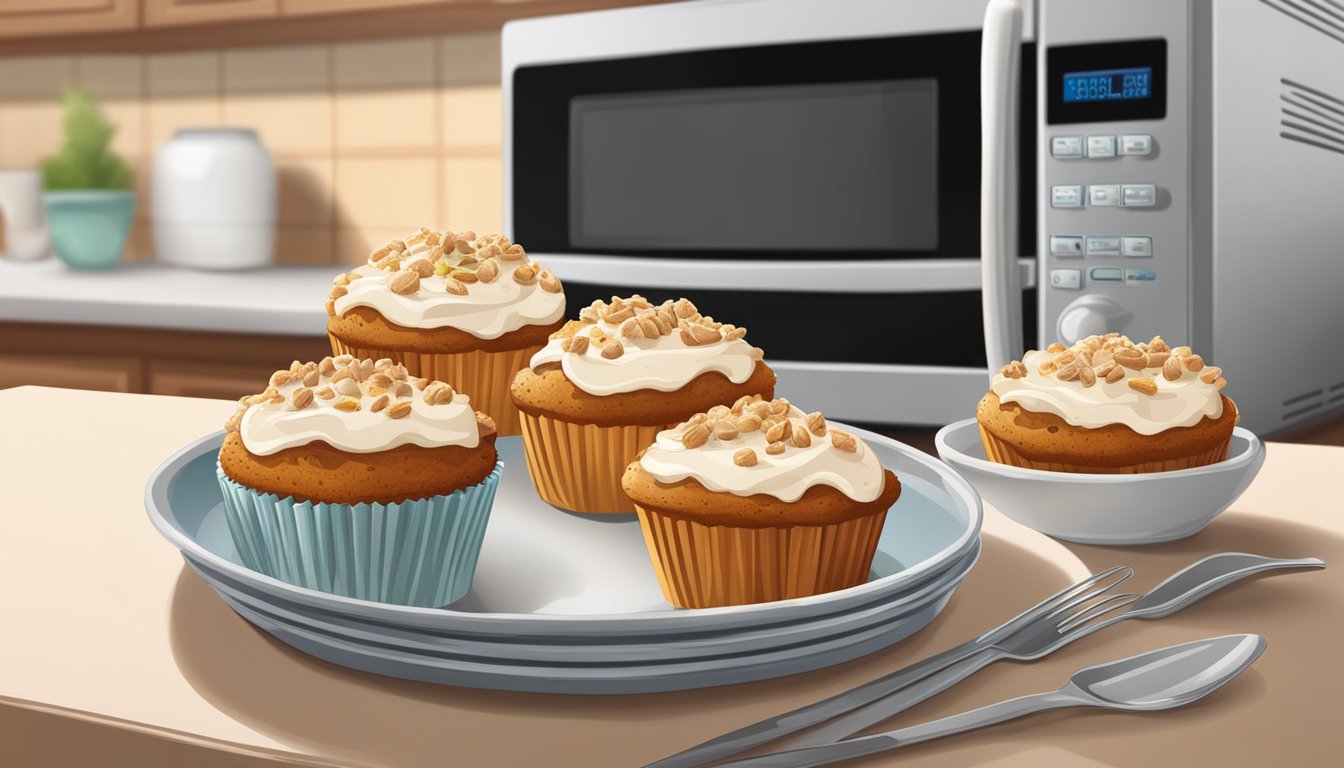 Carrot cake muffins on a plate with a microwave in the background