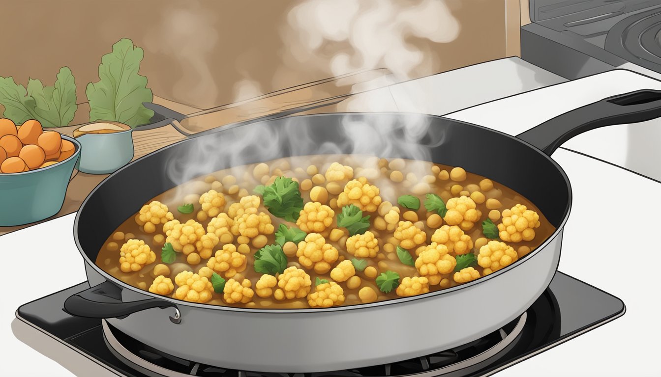 A pot of cauliflower and chickpea curry being gently reheated on a stovetop, steam rising as the vegetables retain their tenderness