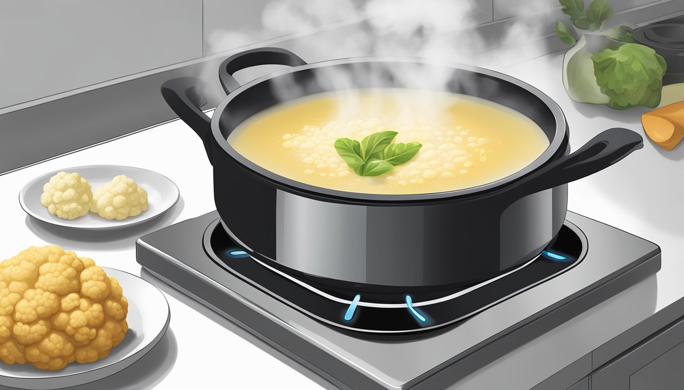 A pot of cauliflower soup being gently reheated on a stovetop, with steam rising from the surface as it simmers