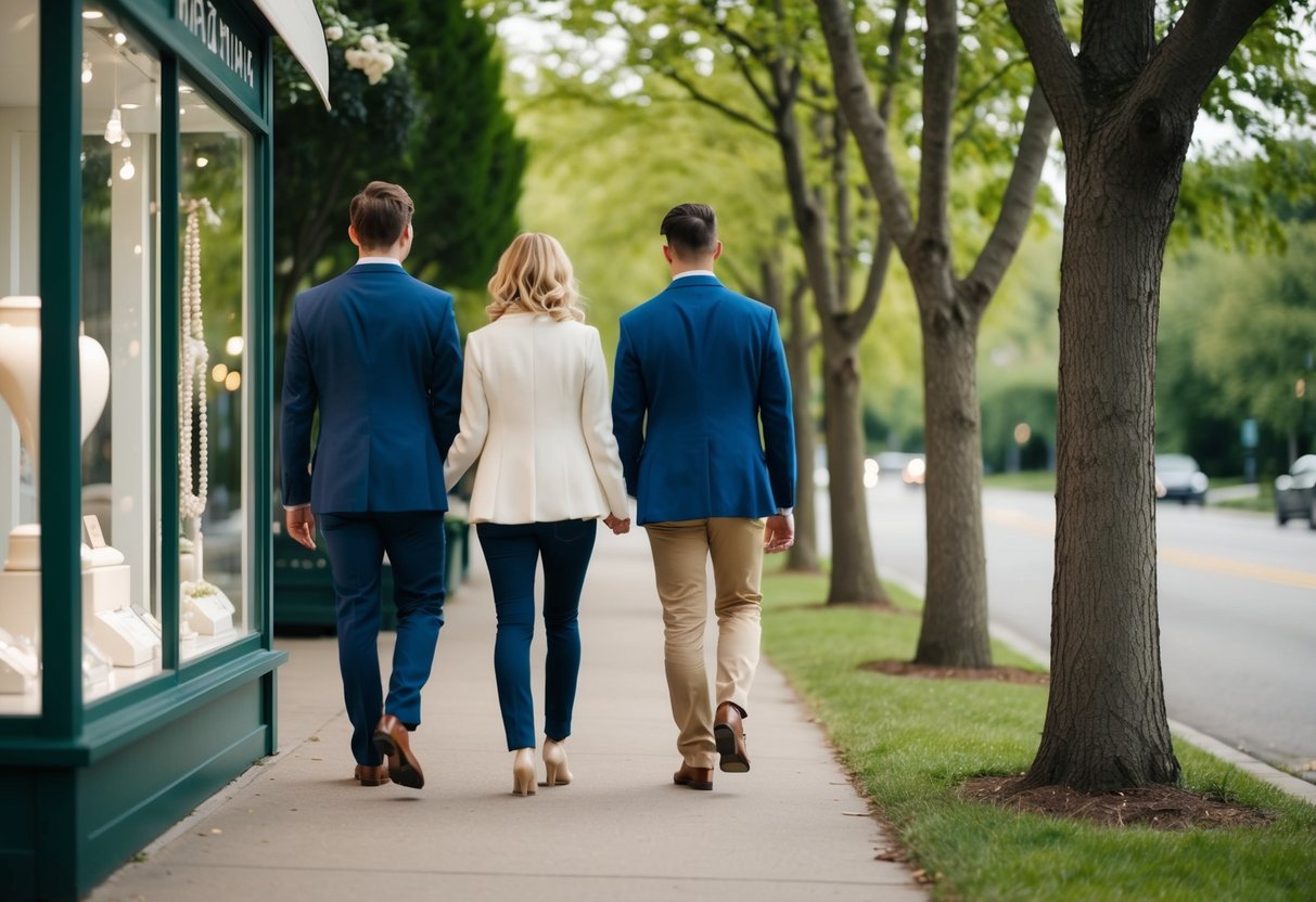 A couple walks down a tree-lined path, passing a wedding ring in a jewelry store window
