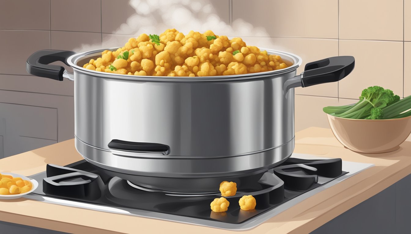 A pot of cauliflower and chickpea curry being gently reheated on a stovetop, with steam rising and the vegetables retaining their tender texture