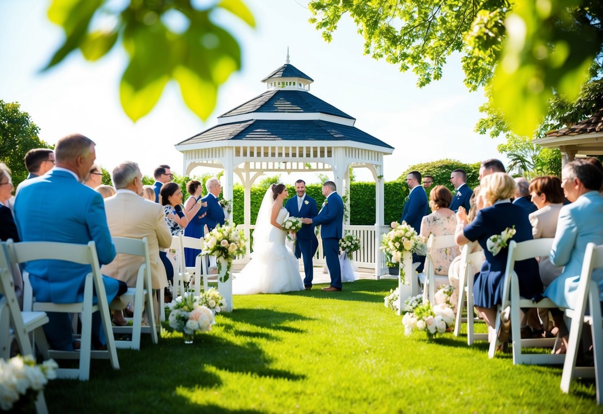 A sunny outdoor wedding venue with blooming flowers and a gazebo, surrounded by happy guests and a serene atmosphere