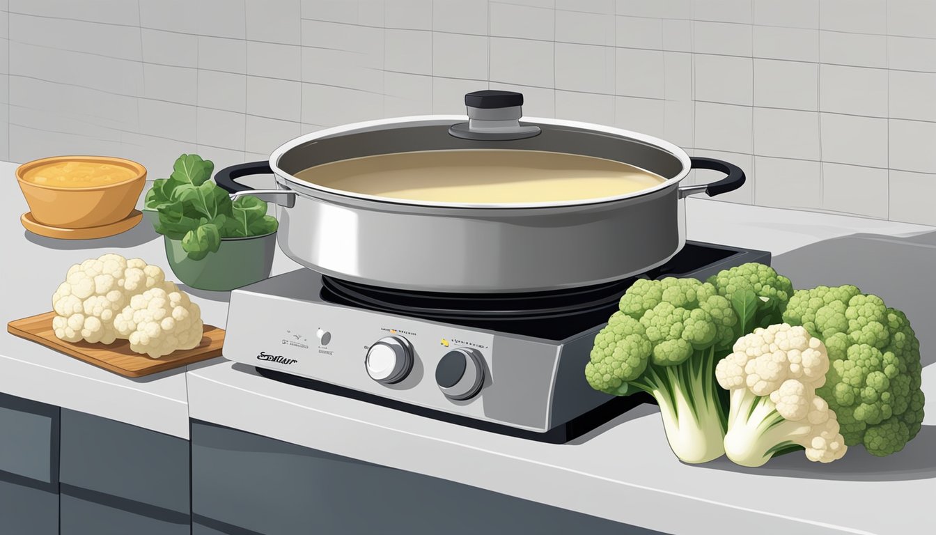 A pot of cauliflower soup simmering on a stovetop, steam rising from the surface