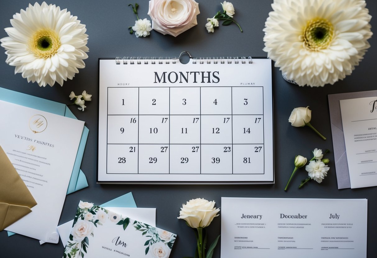 A calendar with 7 months marked, surrounded by wedding planning materials such as invitations, flowers, and a venue layout
