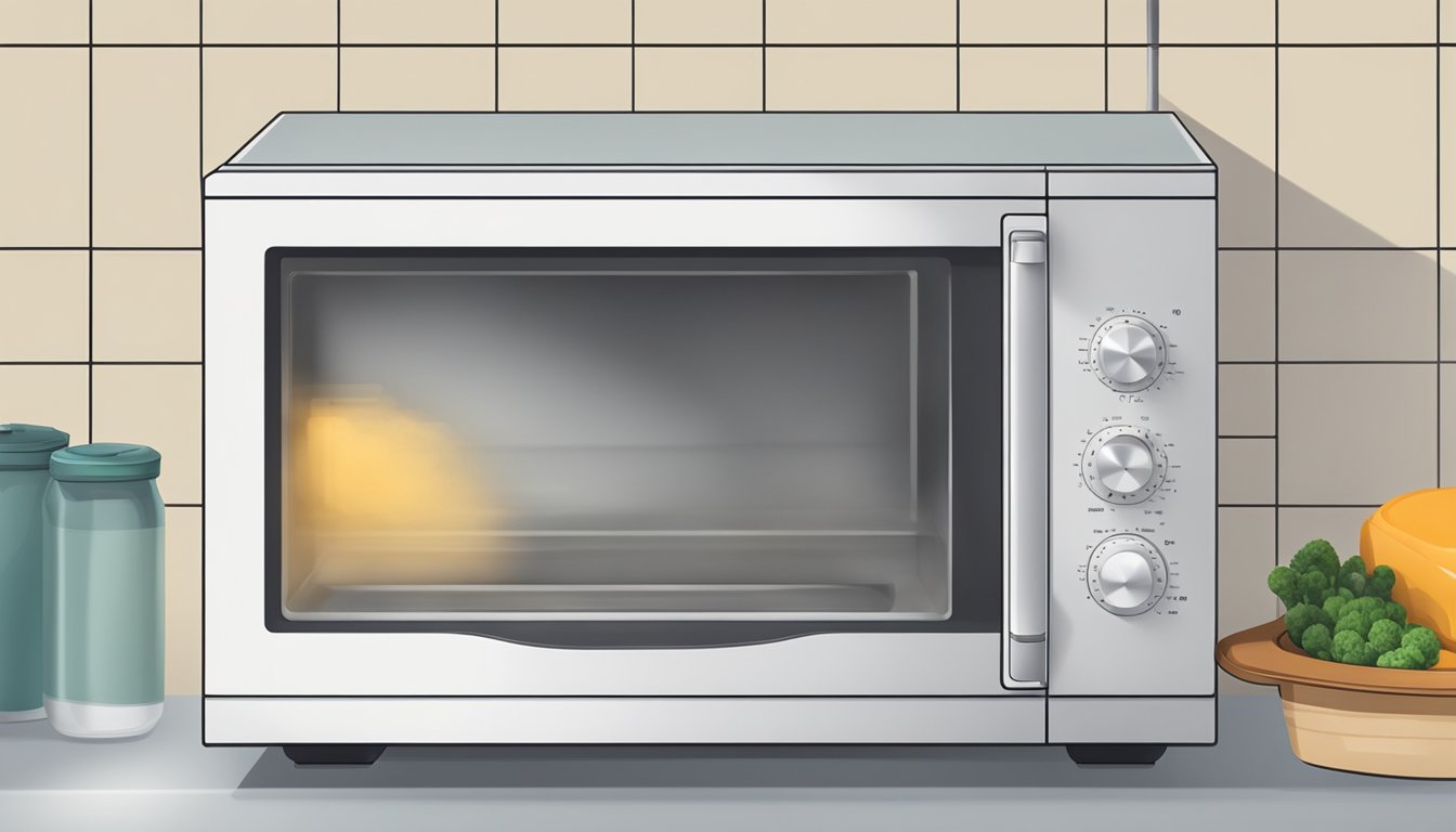 A microwave with a covered casserole dish inside, steam escaping from the edges