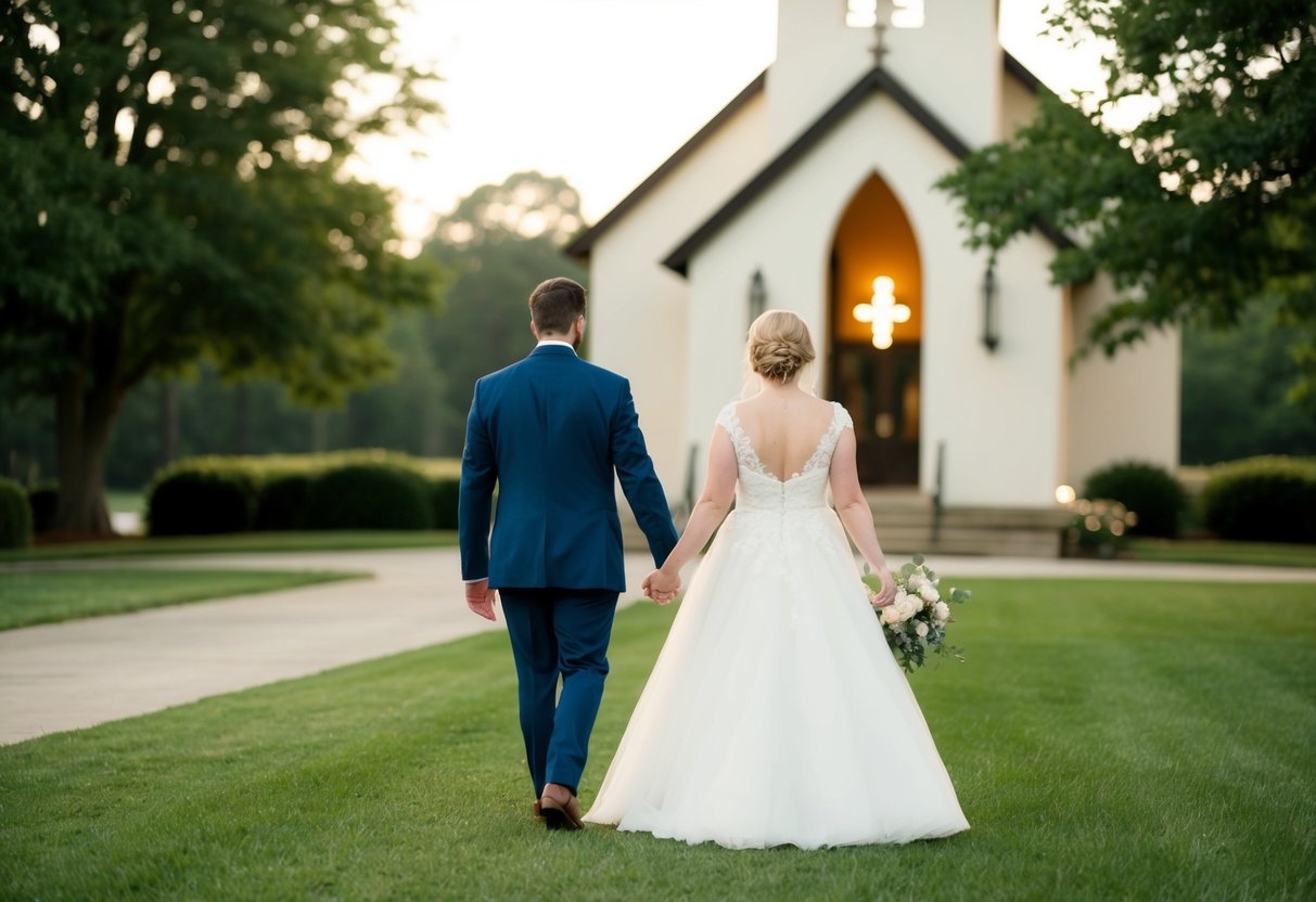 A couple holding hands walks past a wedding chapel, symbolizing the idea of building a strong foundation before entering into a second marriage
