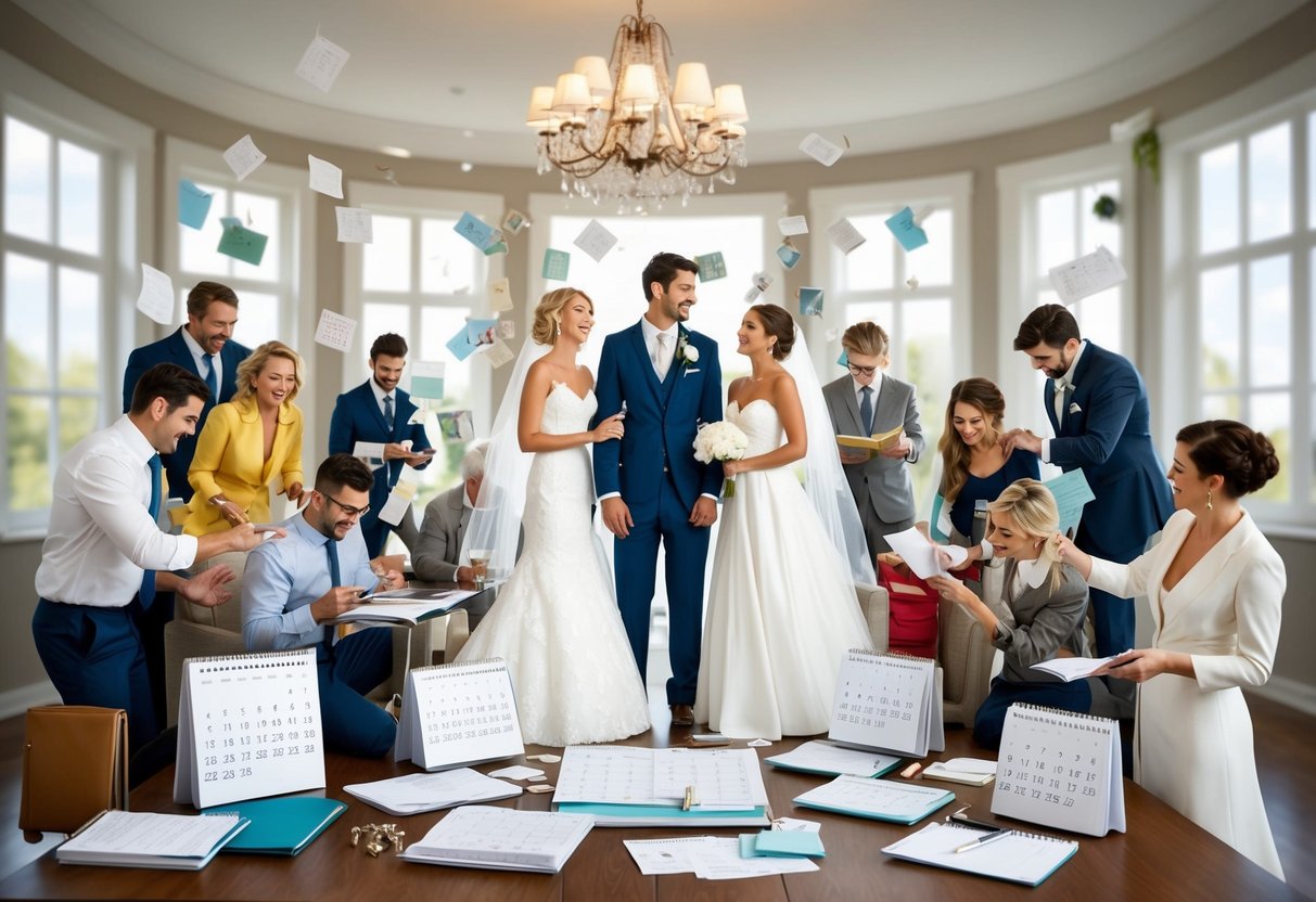 A bride and groom stand surrounded by wedding planners, calendars, and a flurry of activity as they attempt to plan their dream wedding in just 7 months