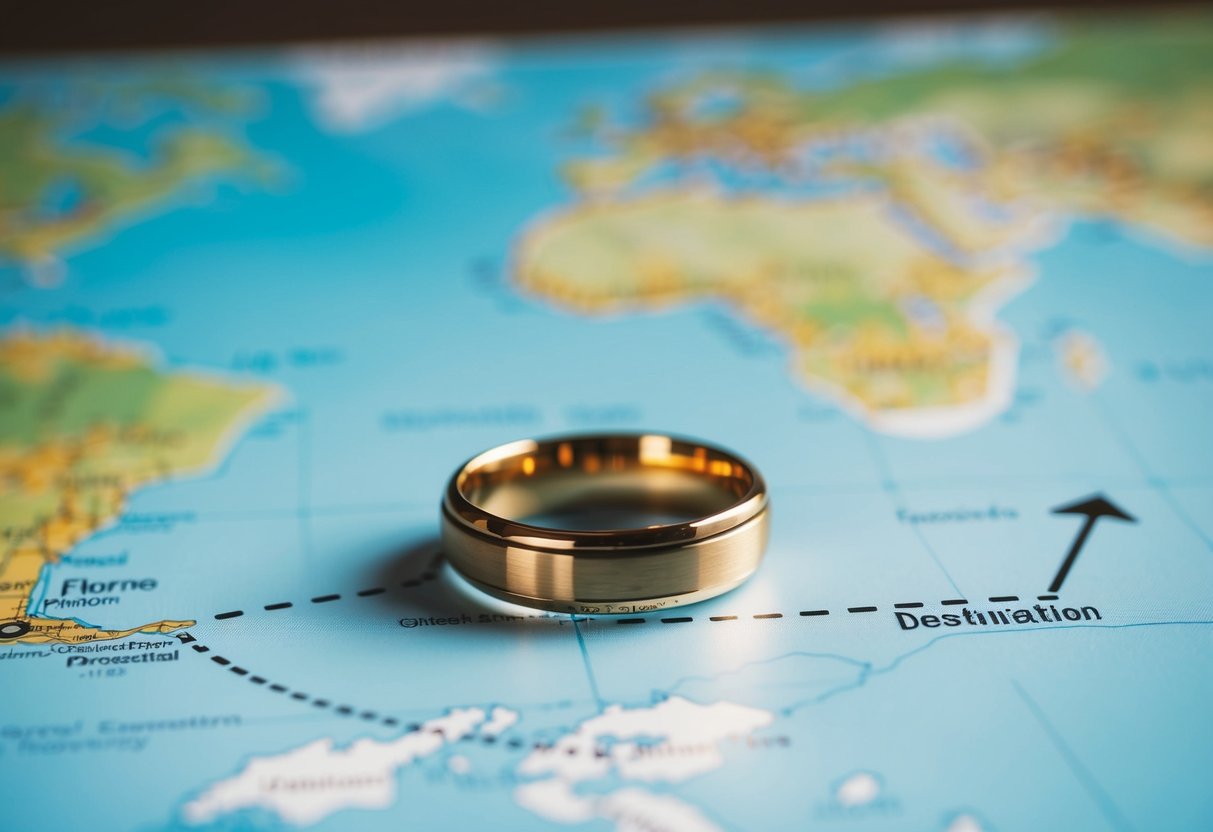 A ring placed on a map, with a dotted line leading to a destination