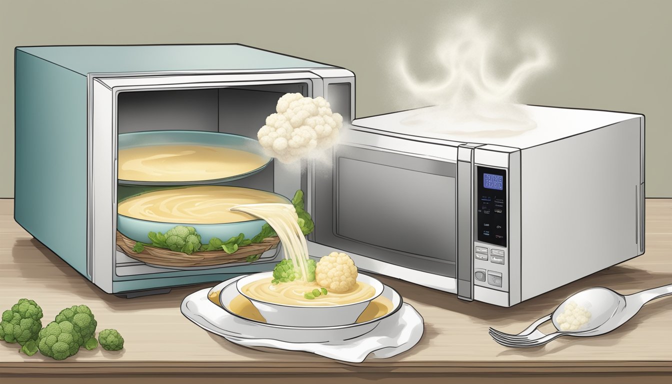 A microwave emitting waves towards a bowl of cauliflower soup