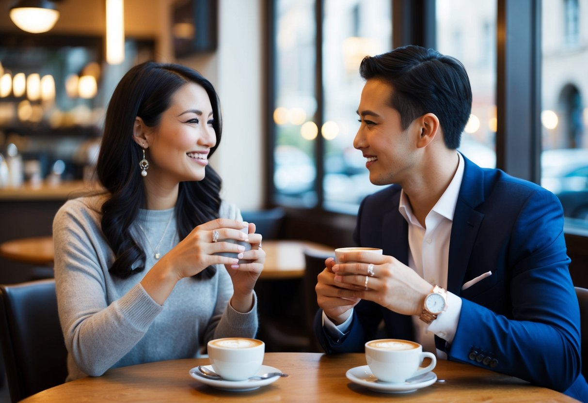 A couple sitting at a cafe, chatting over coffee. They both wear wedding rings, indicating they are divorced and dating before a second marriage