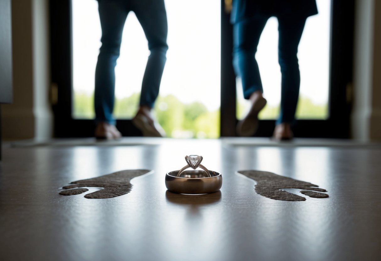 A couple's engagement ring left on a table, while two sets of footprints lead out the door