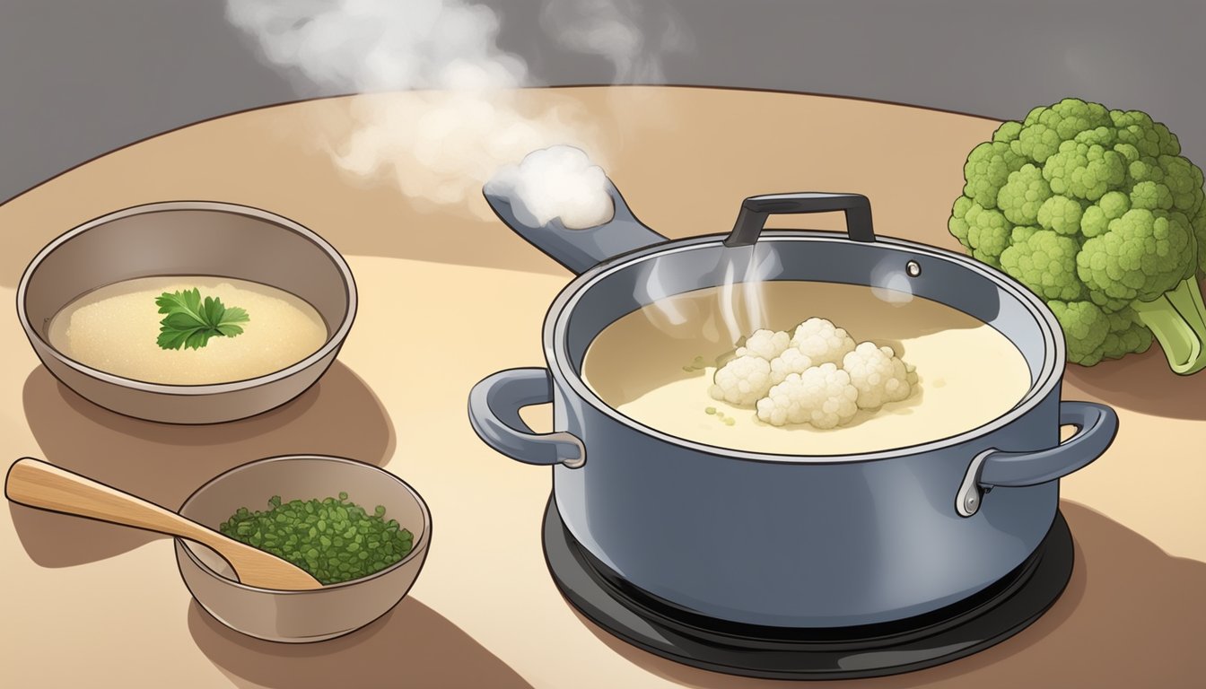 A pot of cauliflower soup being gently reheated on a stovetop, with steam rising and a wooden spoon stirring in additional seasonings