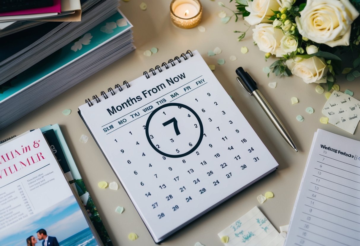 A calendar with a circle around the date 7 months from now, surrounded by wedding magazines and scattered notes and lists