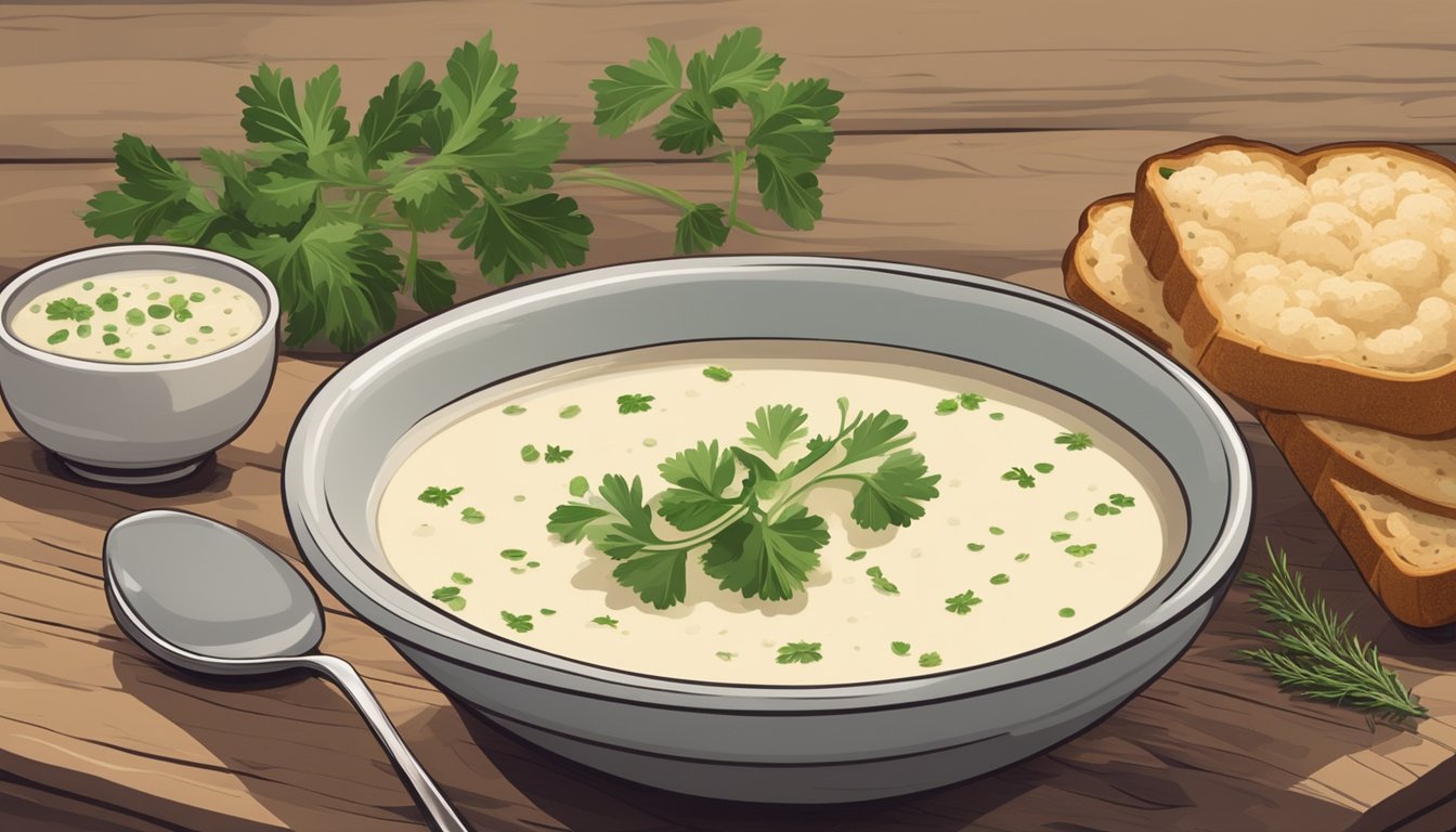 A steaming bowl of cauliflower soup sits on a rustic wooden table, accompanied by a slice of crusty bread and a small dish of fresh herbs