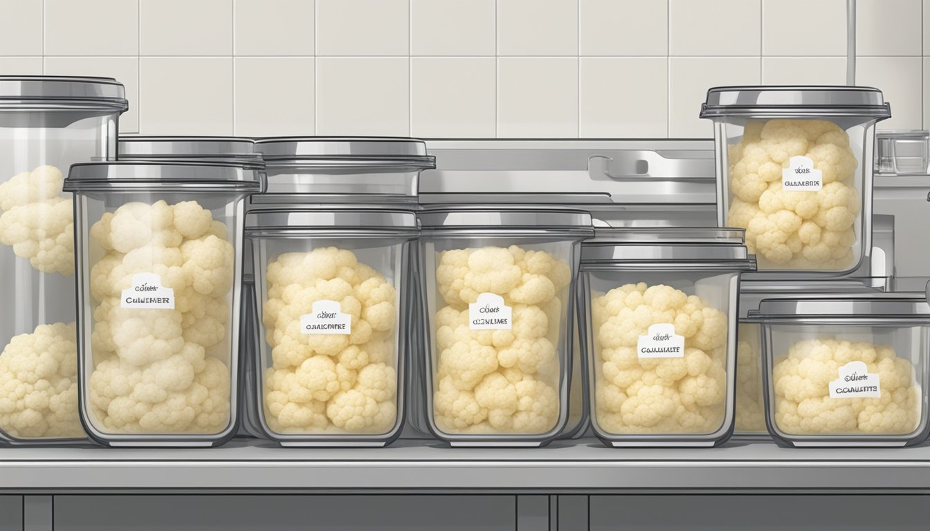 A pot of cauliflower soup being transferred into airtight containers for storage, with a label indicating the date