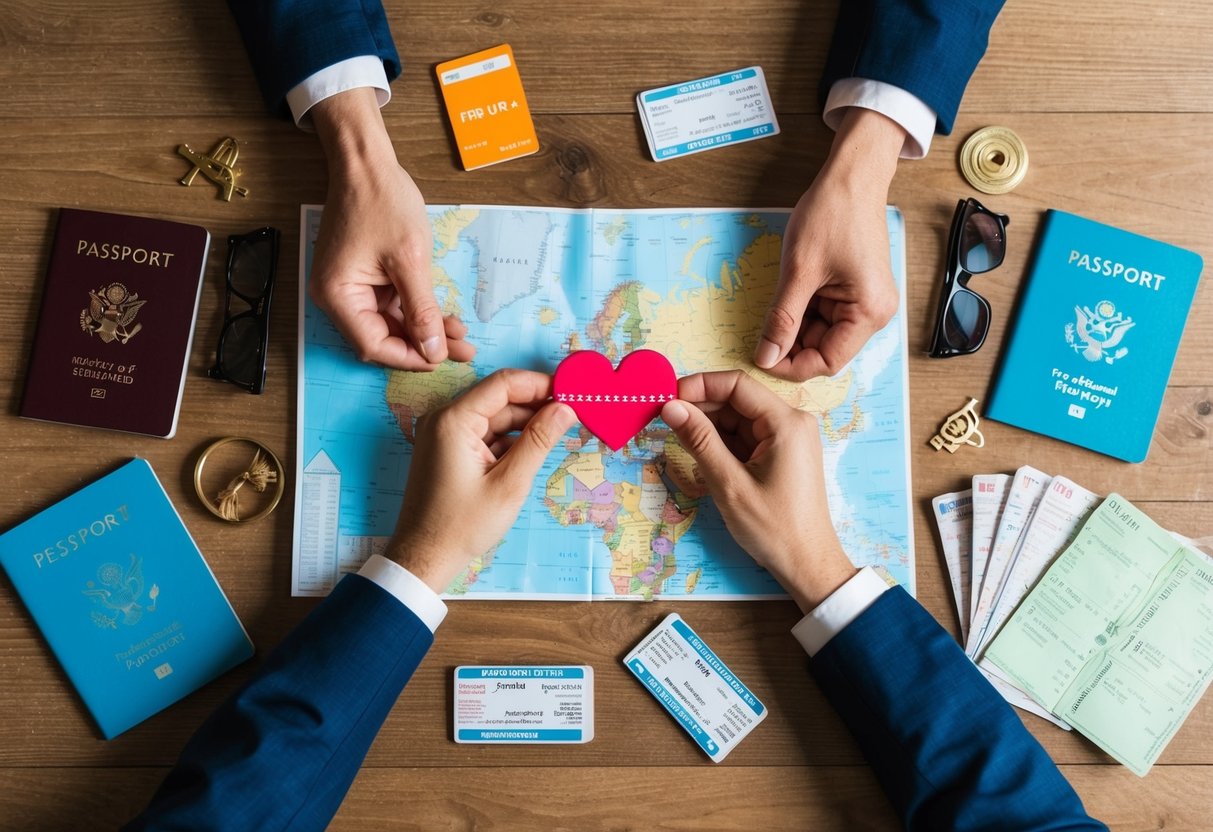 A couple's hands holding a map with a heart-shaped destination marked, surrounded by travel essentials like passports and tickets