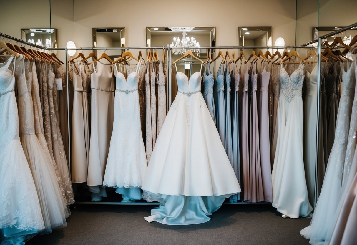 A bridal boutique with racks of wedding dresses in various styles and lengths, displayed under soft lighting and surrounded by mirrors