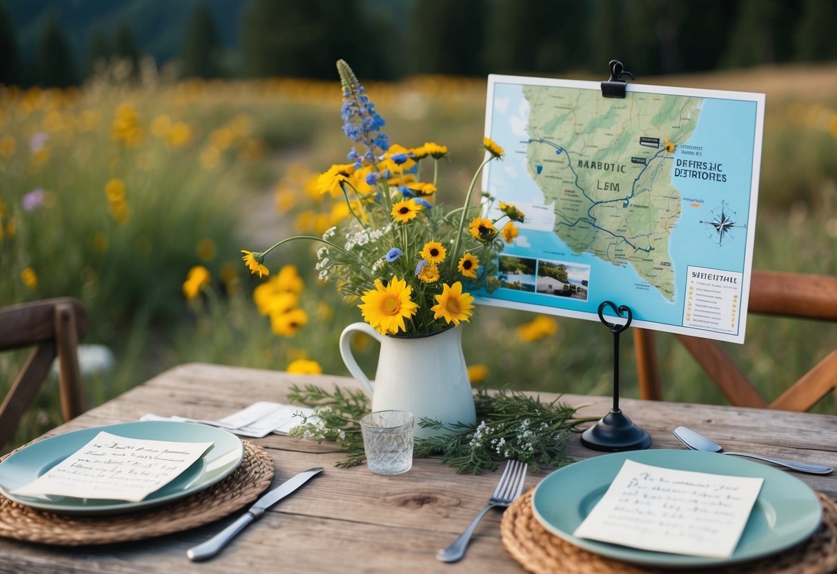 A rustic table set for two with wildflowers, a handwritten note, and a map of a scenic destination