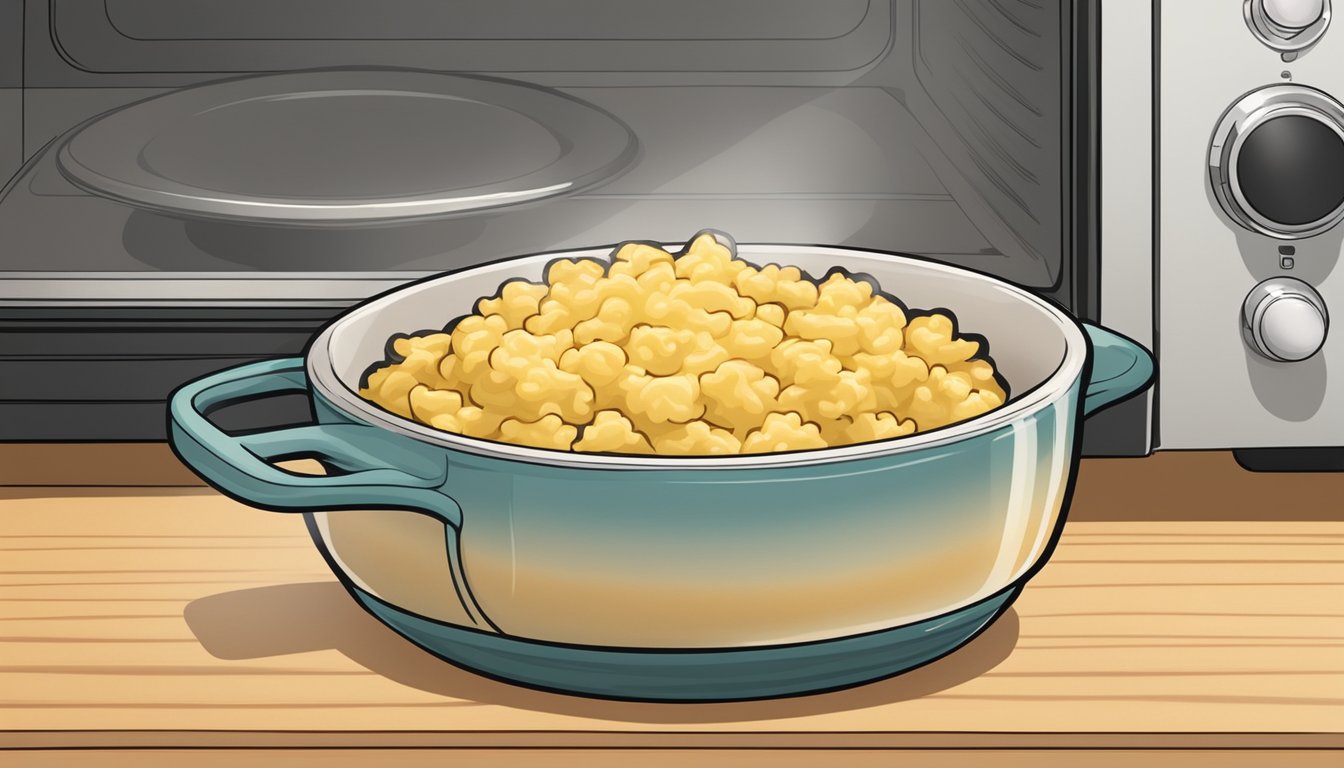 A bowl of cauliflower mac and cheese being reheated in the microwave with a cover to preserve its quality