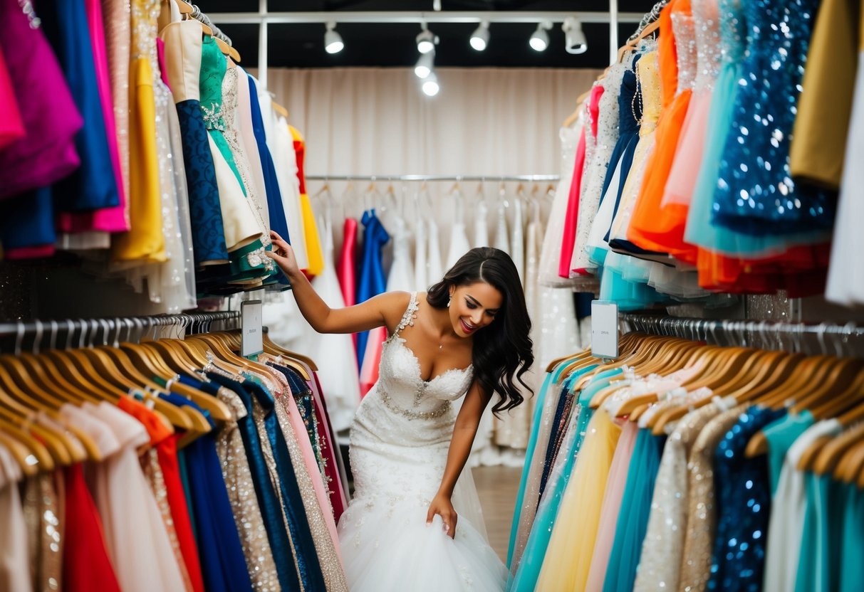 A bride-to-be frantically searches through racks of wedding dresses at a bustling boutique, surrounded by colorful fabrics and sparkling embellishments