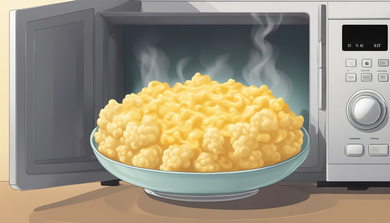 A steaming bowl of cauliflower mac and cheese being reheated in a microwave