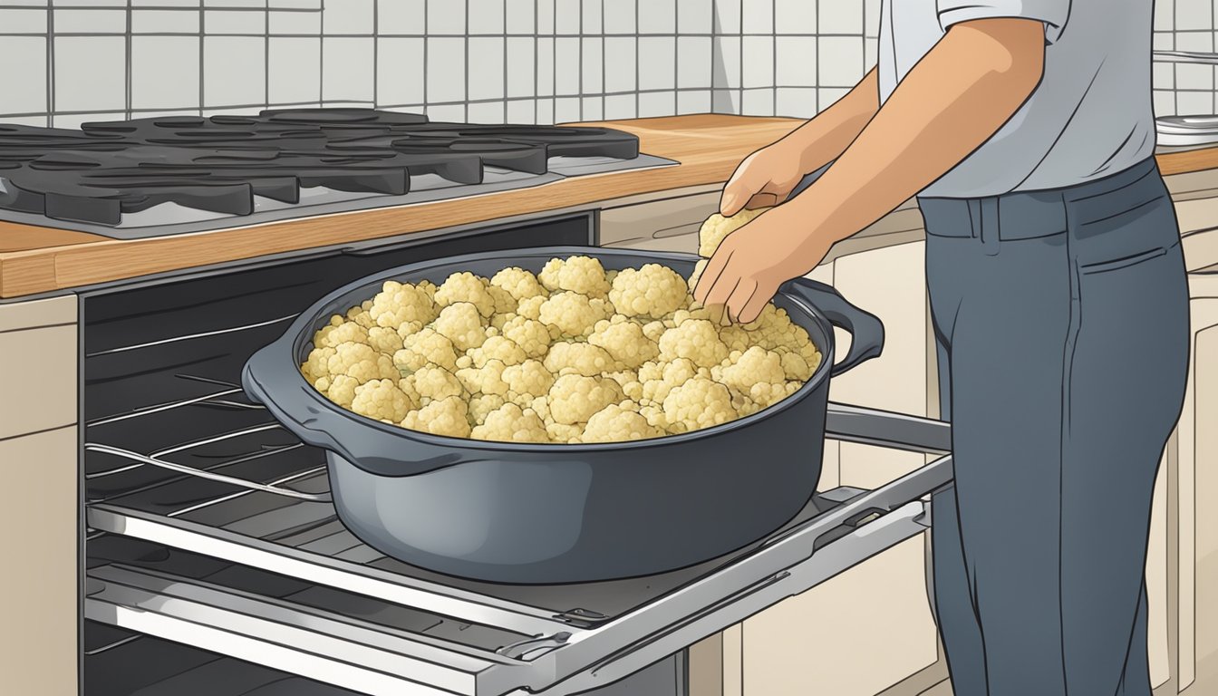 A steaming dish of cauliflower gratin being removed from the oven