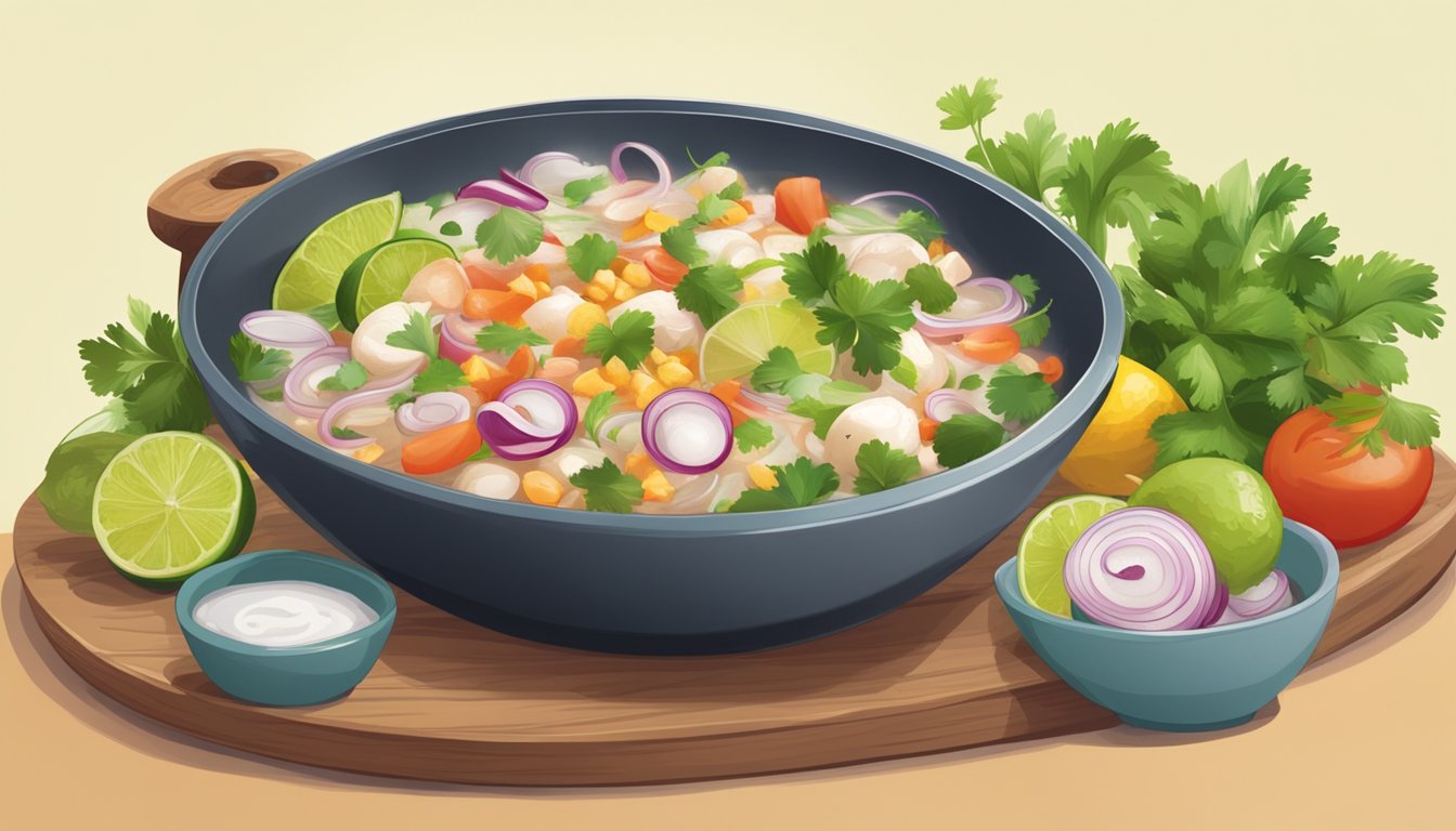 A bowl of ceviche sits on a wooden table, surrounded by colorful ingredients like lime, onion, and cilantro. Steam rises from a pot on the stove, indicating the process of reheating the dish