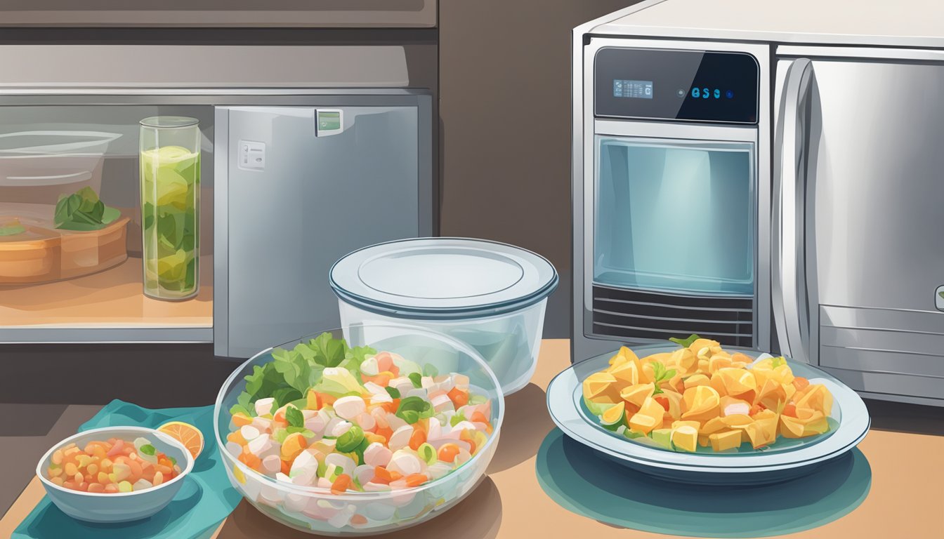 A glass container of ceviche sits in a refrigerator. Beside it, a microwave with a plate of ceviche inside