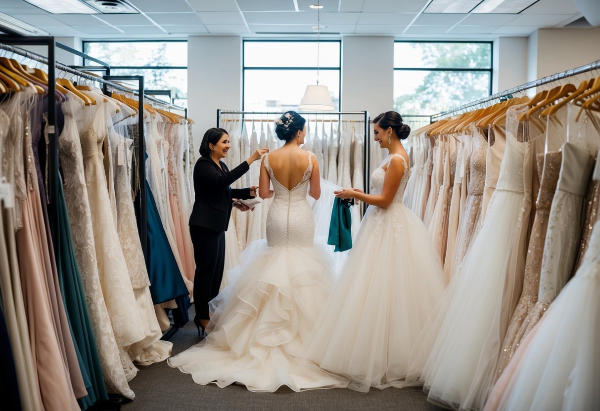 A bustling bridal boutique with racks of wedding dresses, a seamstress measuring fabric, and a bride-to-be trying on gowns with a consultant