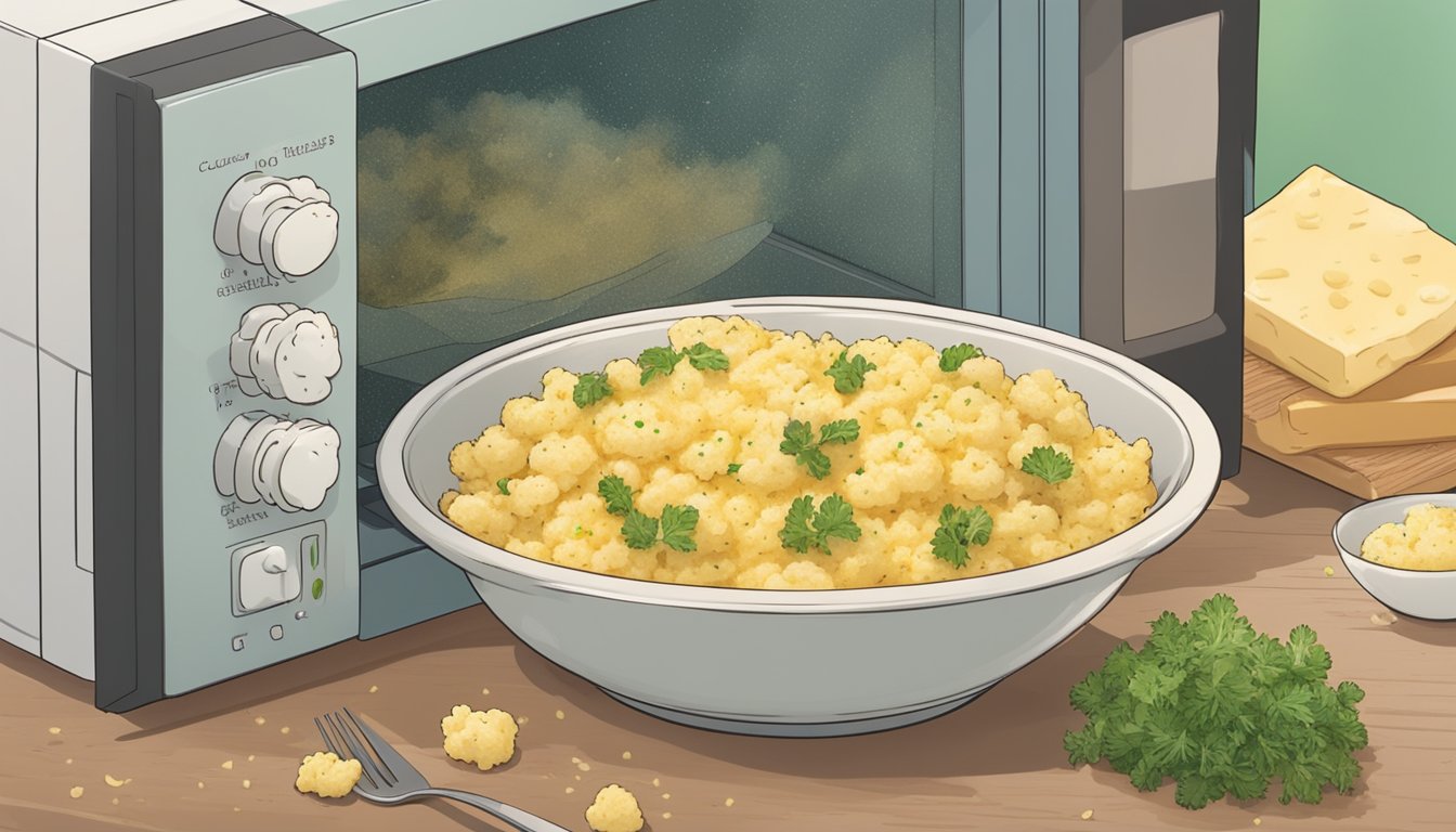 A bowl of cauliflower mac and cheese being reheated in the microwave with a serving suggestion of fresh herbs and a sprinkle of breadcrumbs on top